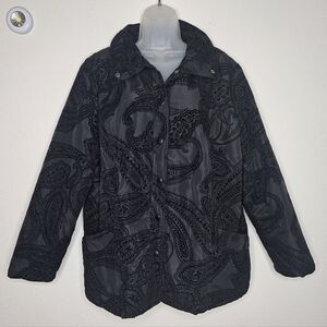 Chico's Zenergy Neema Flocked Black On Black Paisley Velvet Textured Puffer Coat